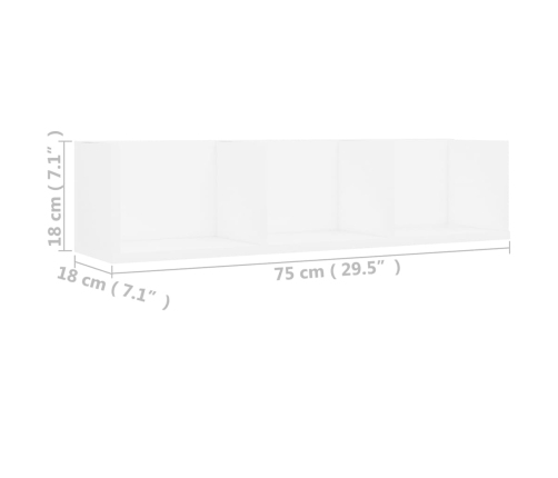 vidaXL Estante de pared para CD madera contrachapada blanco 75x18x18cm