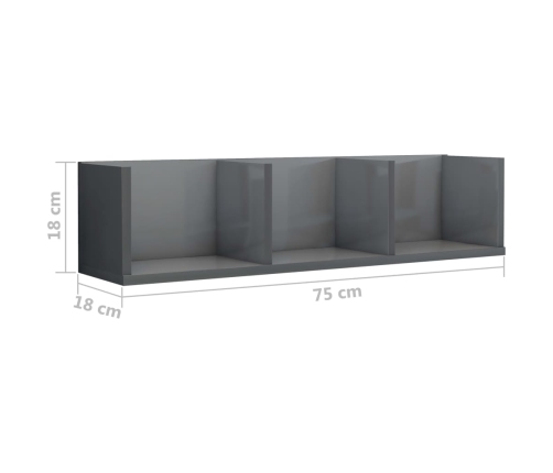 Estante de pared para CD contrachapada gris brillo 75x18x18cm