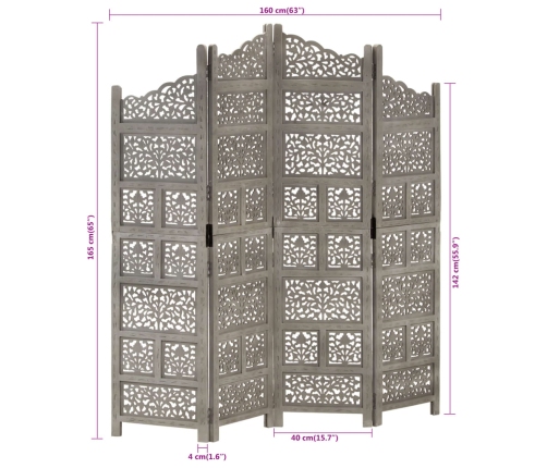 Biombo 4 paneles tallado a mano madera mango gris 160x165 cm
