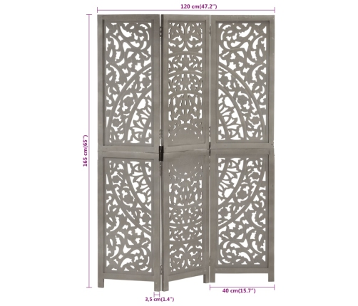 Biombo 3 paneles tallado a mano madera de mango gris 120x165 cm
