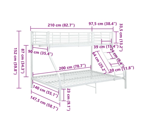 vidaXL Estructura de litera de metal blanco 140x200 cm/90x200 cm