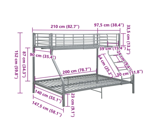 vidaXL Estructura de litera de metal gris 140x200 cm/90x200 cm