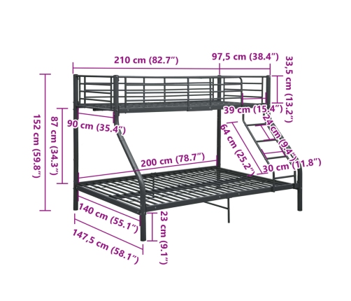 Estructura de litera de metal negro 140x200 cm/90x200 cm