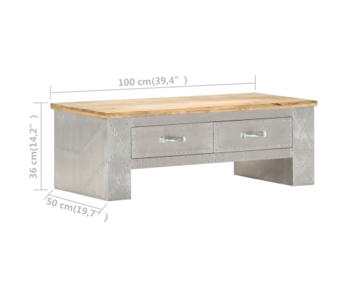 Mesa de centro de aviador madera maciza de mango 100x50x36 cm