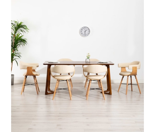 Sillas de comedor 6 uds cuero sintético y madera curvada crema