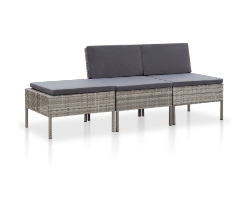 Set de muebles de jardín 3 pzas y cojines ratán sintético gris