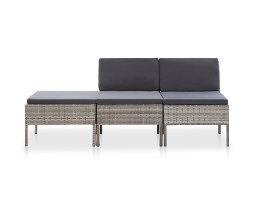 Set de muebles de jardín 3 pzas y cojines ratán sintético gris