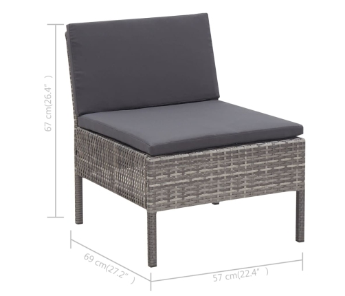 Set de muebles de jardín 3 pzas y cojines ratán sintético gris