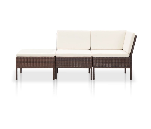 Set muebles de jardín 3 pzas y cojines ratán sintético marrón