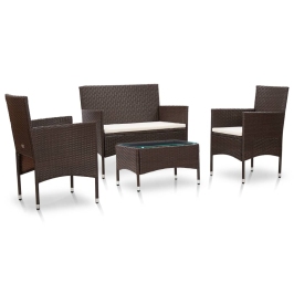Set muebles de jardín 4 piezas y cojines ratán sintético marrón