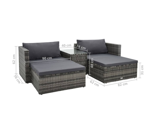 Set de muebles de jardín 5 pzas y cojines ratán sintético gris