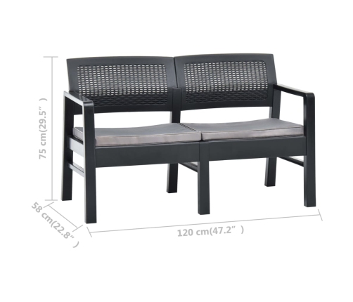 vidaXL Banco jardín 2 plazas y cojines plástico gris antracita 120 cm