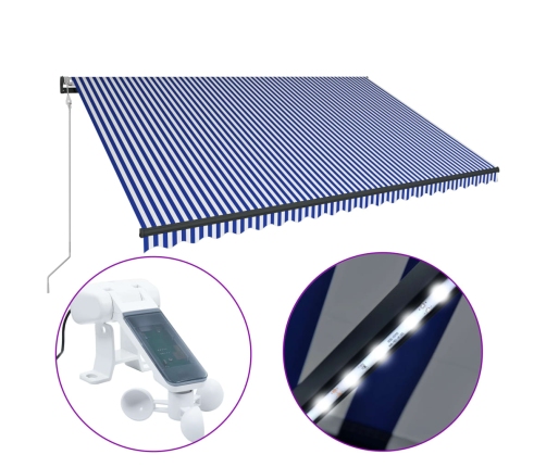 Toldo con LED y sensor de viento azul y blanco 500x300 cm