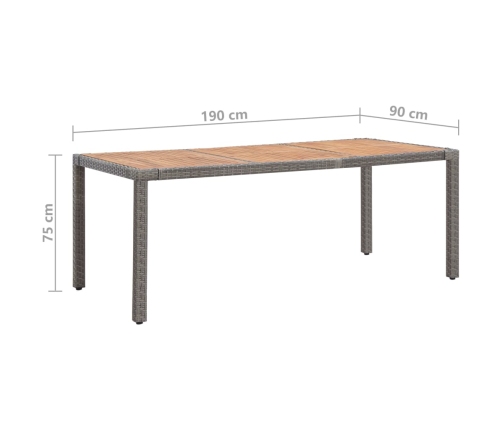 vidaXL Mesa de jardín ratán PE gris madera acacia maciza 190x90x75 cm