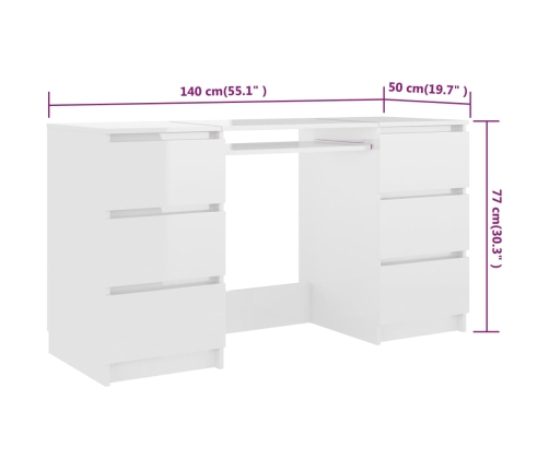 Escritorio de madera contrachapada blanco brillo 140x50x77 cm