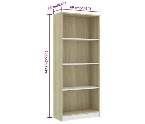 Estantería 4 niveles contrachapada blanca y roble 60x24x142cm