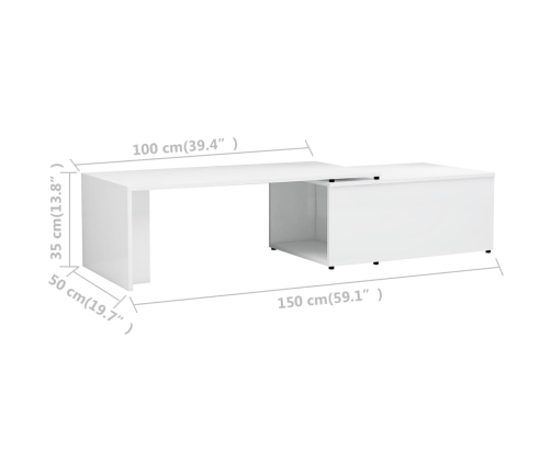 vidaXL Mesa de centro madera contrachapada blanco brillo 150x50x35 cm