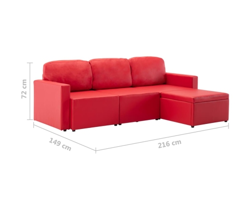 Sofá cama modular de 3 plazas cuero sintético rojo