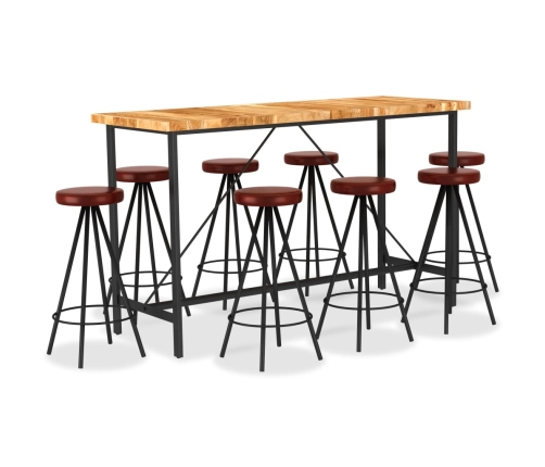 Set muebles de bar 9 pzas madera maciza acacia cuero auténtico