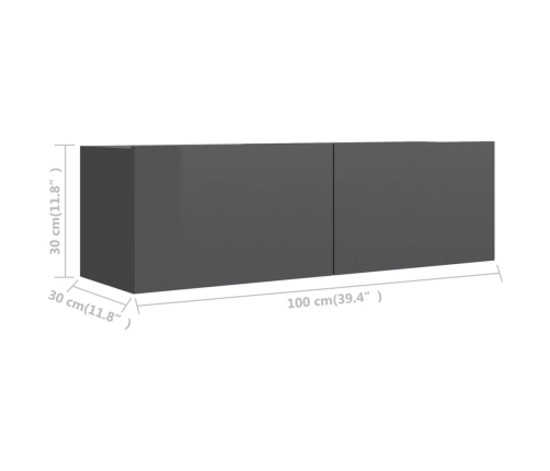 Mueble TV madera contrachapada gris brillante 100x30x30 cm