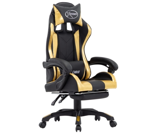 Silla gaming con reposapiés cuero sintético negro y dorado