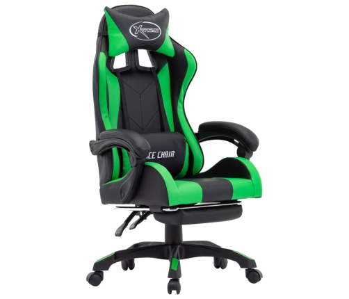 Silla gaming con reposapiés cuero sintético verde y negro