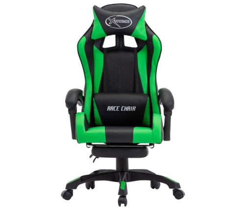 Silla gaming con reposapiés cuero sintético verde y negro