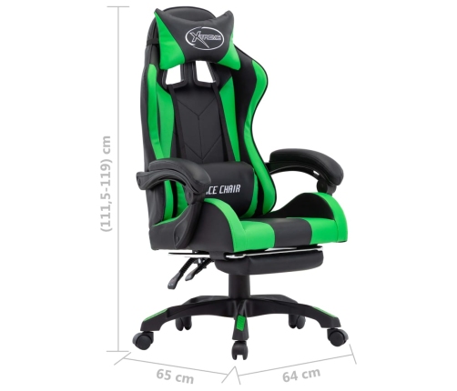 Silla gaming con reposapiés cuero sintético verde y negro