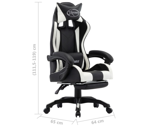 Silla gaming con reposapiés cuero sintético blanco y negro