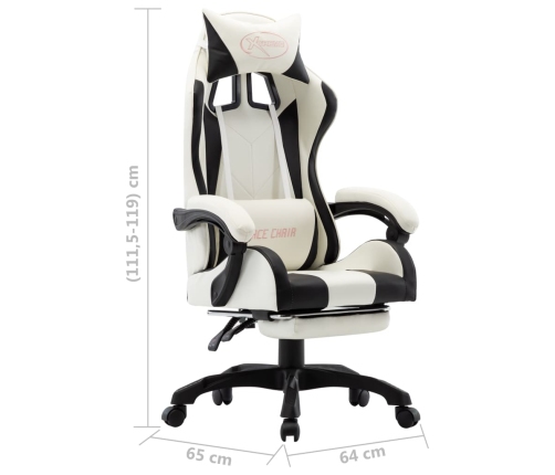 Silla gaming con reposapiés cuero sintético negro y blanco