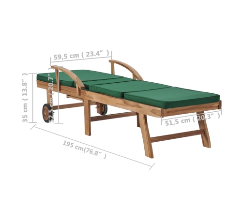 Tumbonas con cojín 2 uds madera maciza de teca verde