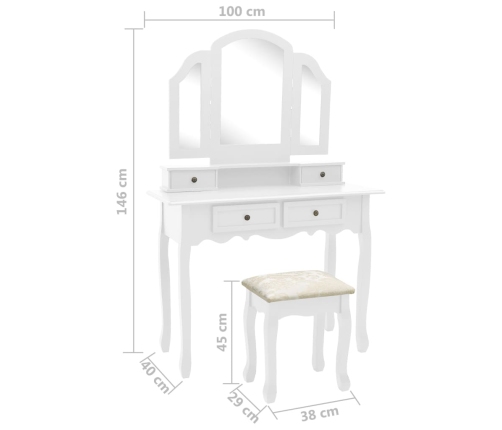 Set de tocador y taburete madera paulownia blanco 100x40x146cm