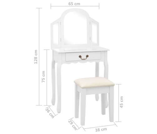 Tocador y taburete madera paulownia y MDF blanco 65x36x128 cm