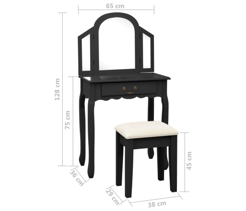 Tocador y taburete madera paulownia negro 65x36x128 cm