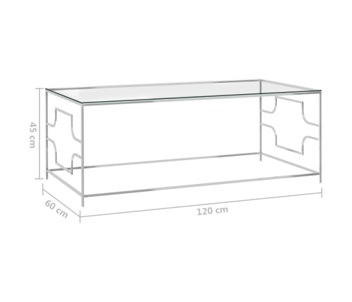 vidaXL Mesa de centro acero inoxidable y vidrio plateada 120x60x45 cm