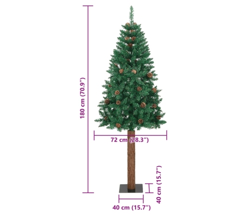 Árbol de Navidad delgado madera auténtica y piñas PVC 180 cm