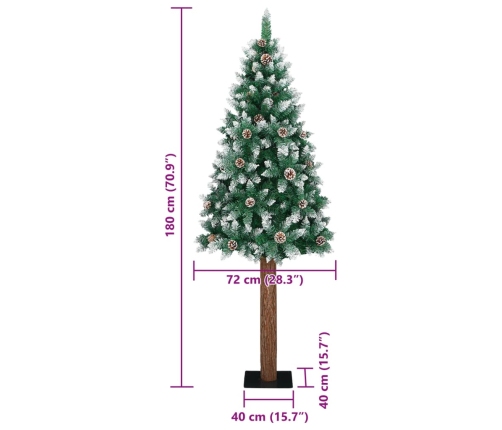 Árbol de Navidad estrecho con madera real y nieve 180 cm verde