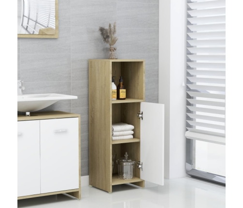 Armario de baño madera contrachapada blanco y roble 30x30x95 cm