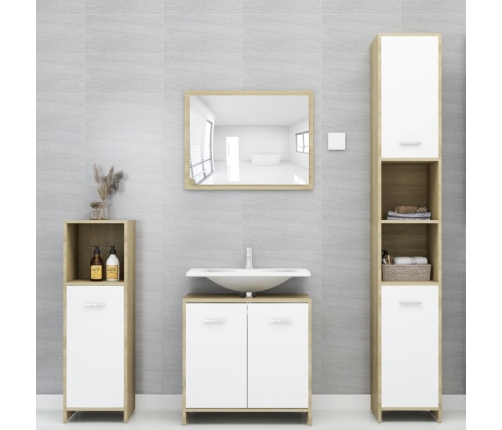 Armario de baño madera contrachapada blanco y roble 30x30x95 cm