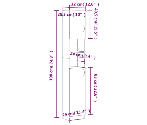 Armario de baño madera de ingeniería blanco 32x25,5x190 cm