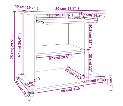 Mesa de ordenador madera contrachapada blanco roble 80x50x75 cm