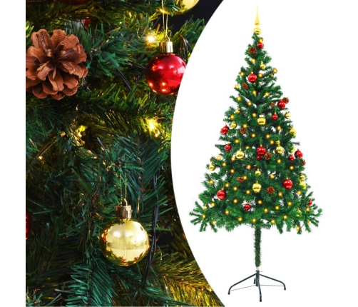 Árbol de Navidad preiluminado con luces y bolas verde 180 cm