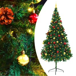 Árbol de Navidad preiluminado con luces y bolas verde 210 cm