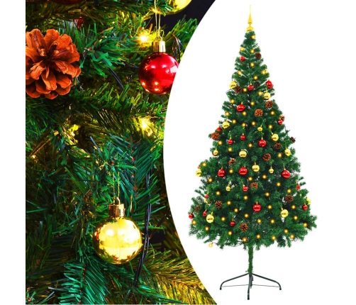 Árbol de Navidad preiluminado con luces y bolas verde 210 cm