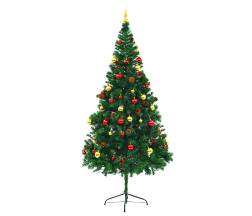 Árbol de Navidad preiluminado con luces y bolas verde 210 cm