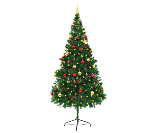 Árbol de Navidad preiluminado con luces y bolas verde 210 cm