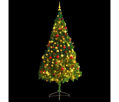 Árbol de Navidad preiluminado con luces y bolas verde 210 cm