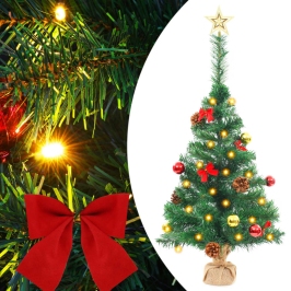 Árbol de Navidad preiluminado con luces y bolas verde 64 cm