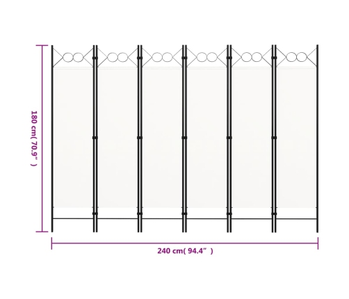 Biombo divisor de 6 paneles blanco 240x180 cm