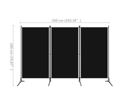 Biombo divisor de 3 paneles negro 260x180 cm